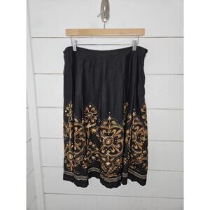 Trevan Size 10 black with brown & cream detailed midi skirt. Cotton & silk.